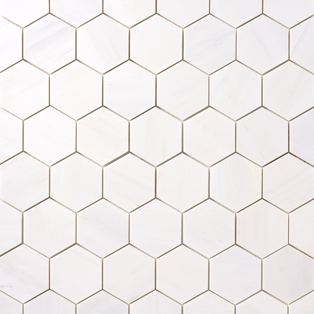 Bianco Dolomite Marble 2" Hexagon Mosaic Polished/Honed installed close-up supplier original