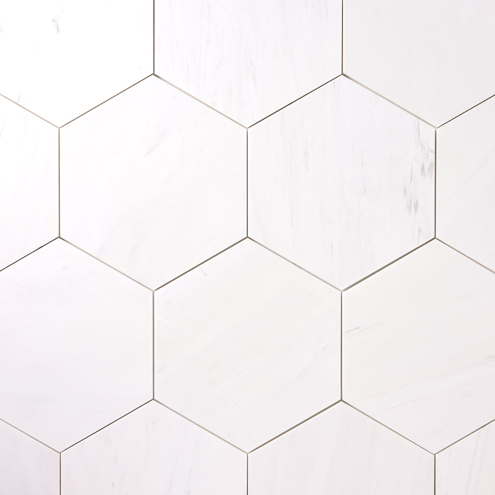 Bianco Dolomite Marble 4" Hexagon Mosaic Polished/Honed installed close-up supplier original