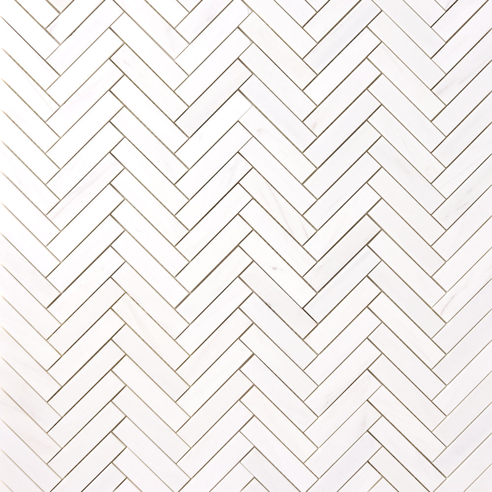 Bianco Dolomite Marble 1x4 Herringbone Mosaic Polished/Honed installed close-up supplier original