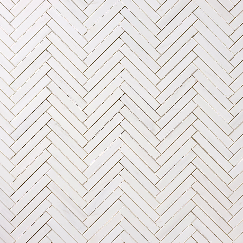 Bianco Dolomite Marble 1x6 Herringbone Mosaic Polished/Honed installed close-up supplier original