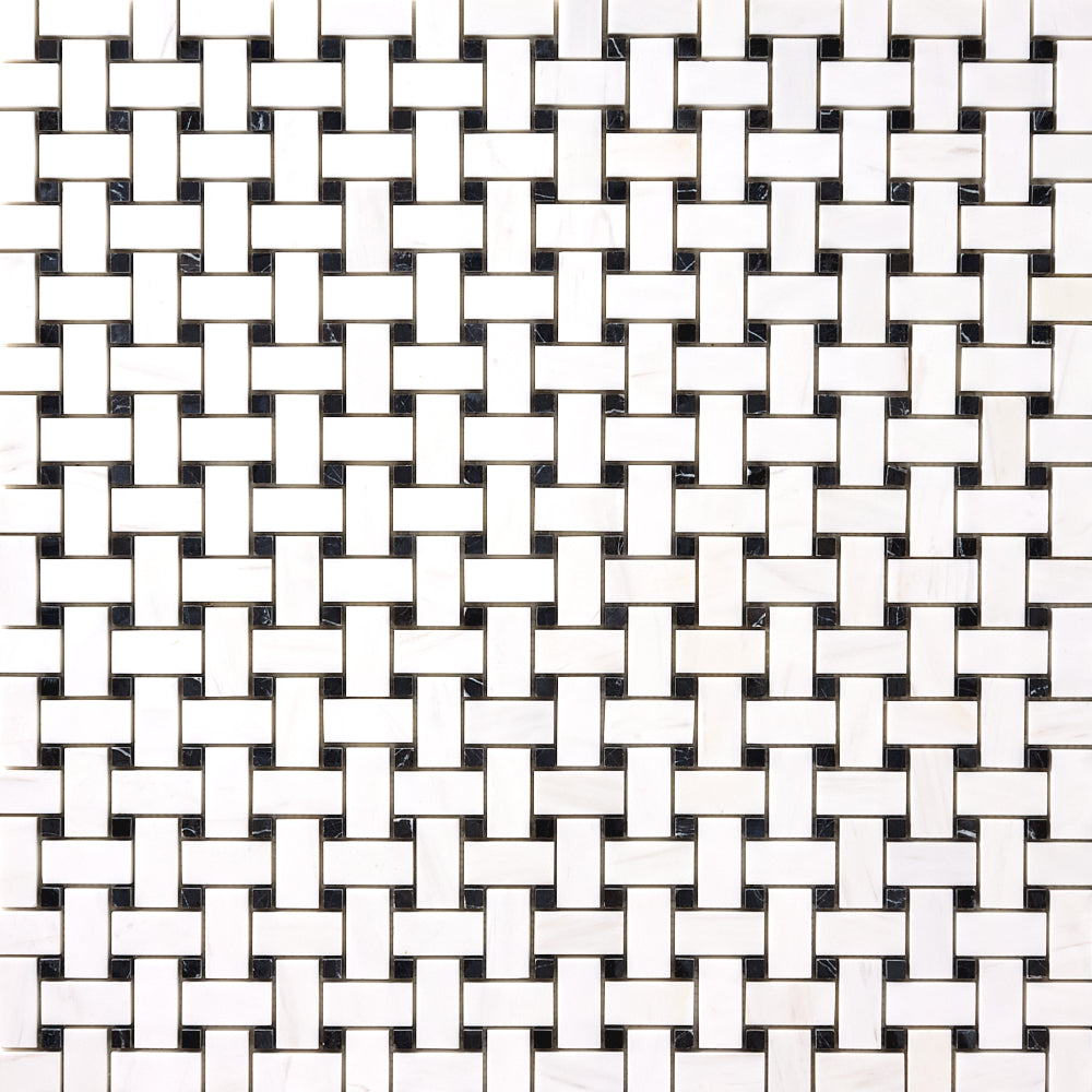 Bianco Dolomite Marble 12x12 Basketweave with Black Dots Mosaic Polished/Honed installed close-up supplier original