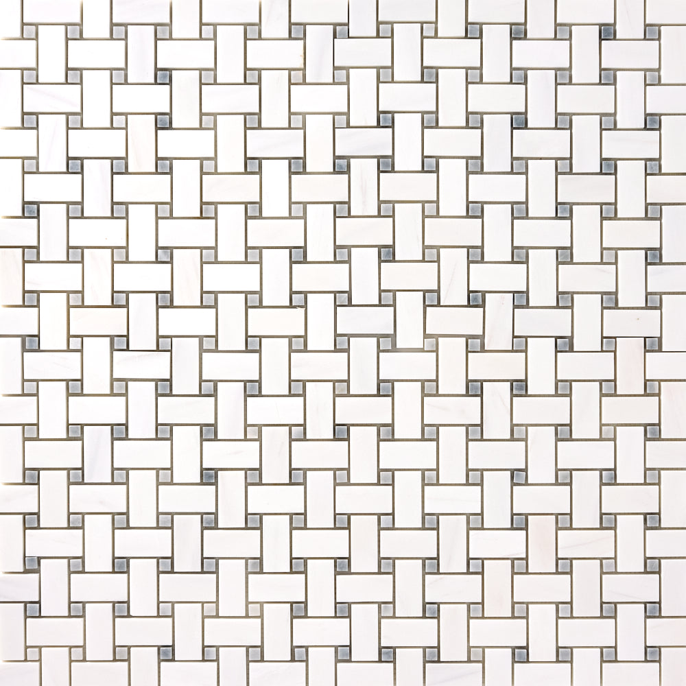 Bianco Dolomite Marble 12x12 Basketweave with Gray Dots Mosaic Polished/Honed installed close-up supplier original