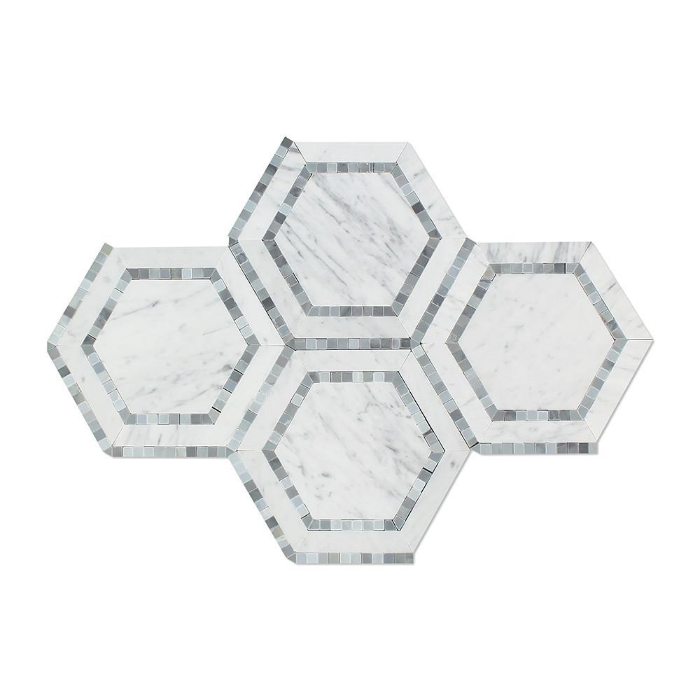 Carrara White Hexagon with Blue Marble Polished/Honed Stone Tilezz 