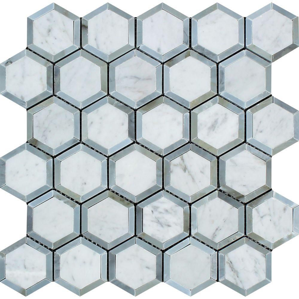 Carrara White Hexagon Phantom Hex with Blue Marble Polished/Honed Stone Tilezz 