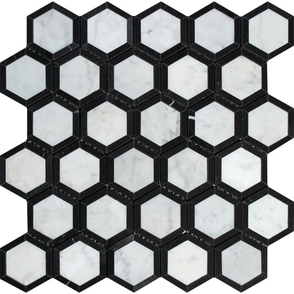 Carrara White Hexagon Phantom Hex with Black Marble Polished/Honed Stone Tilezz 