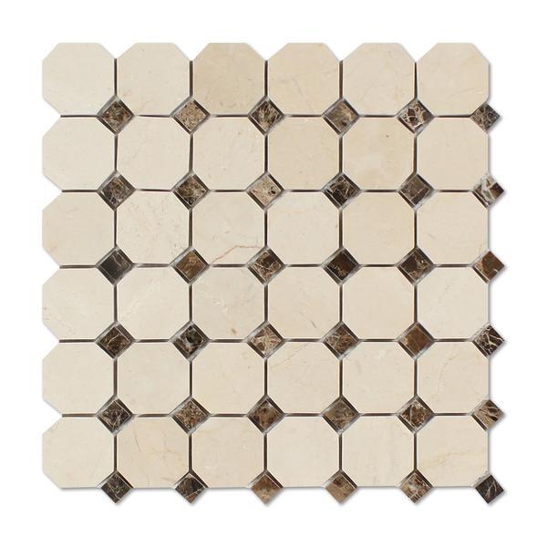 Crema Marfil Octagon w/ Emperador Dark Dots Polished Mosaic Tile Stone Tilezz 