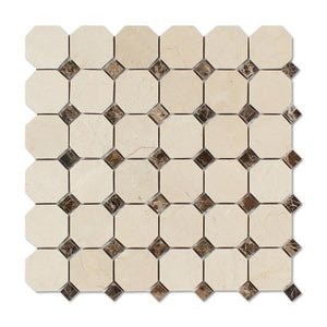 Crema Marfil Octagon w/ Emperador Dark Dots Polished Mosaic Tile Stone Tilezz 