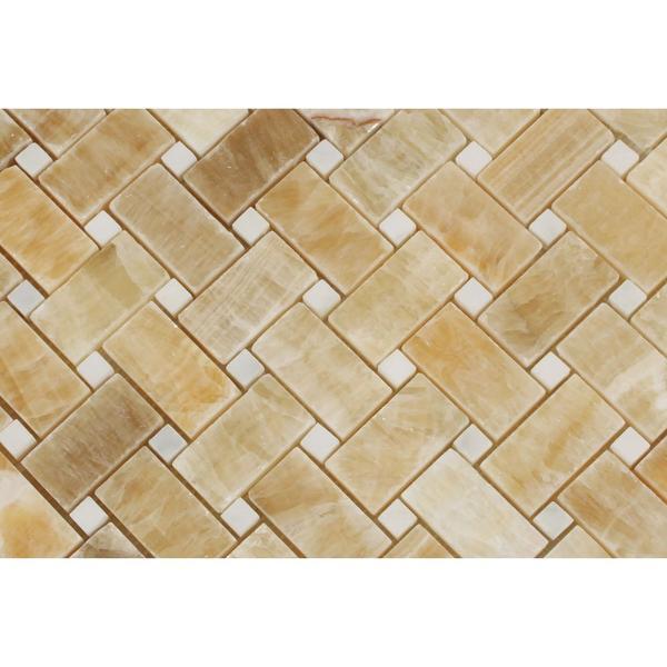 Honey Onyx Basketweave with White Dots Mosaic Polished Stone Tilezz 