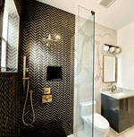 Load image into Gallery viewer, Black + Gold Brass Chevron Marble Mosaic Tilezz 
