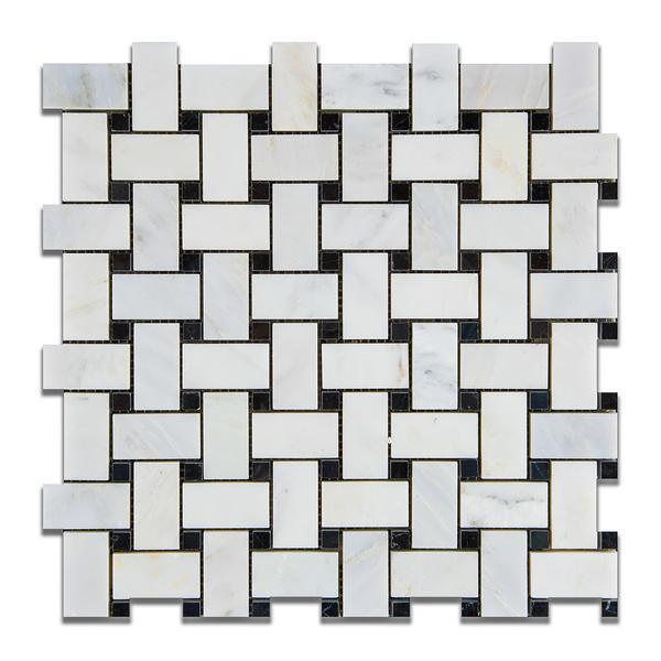 Calacatta Cressa (Asian Statuary) Basketweave with Black Marble Polished/Honed Stone Tilezz 