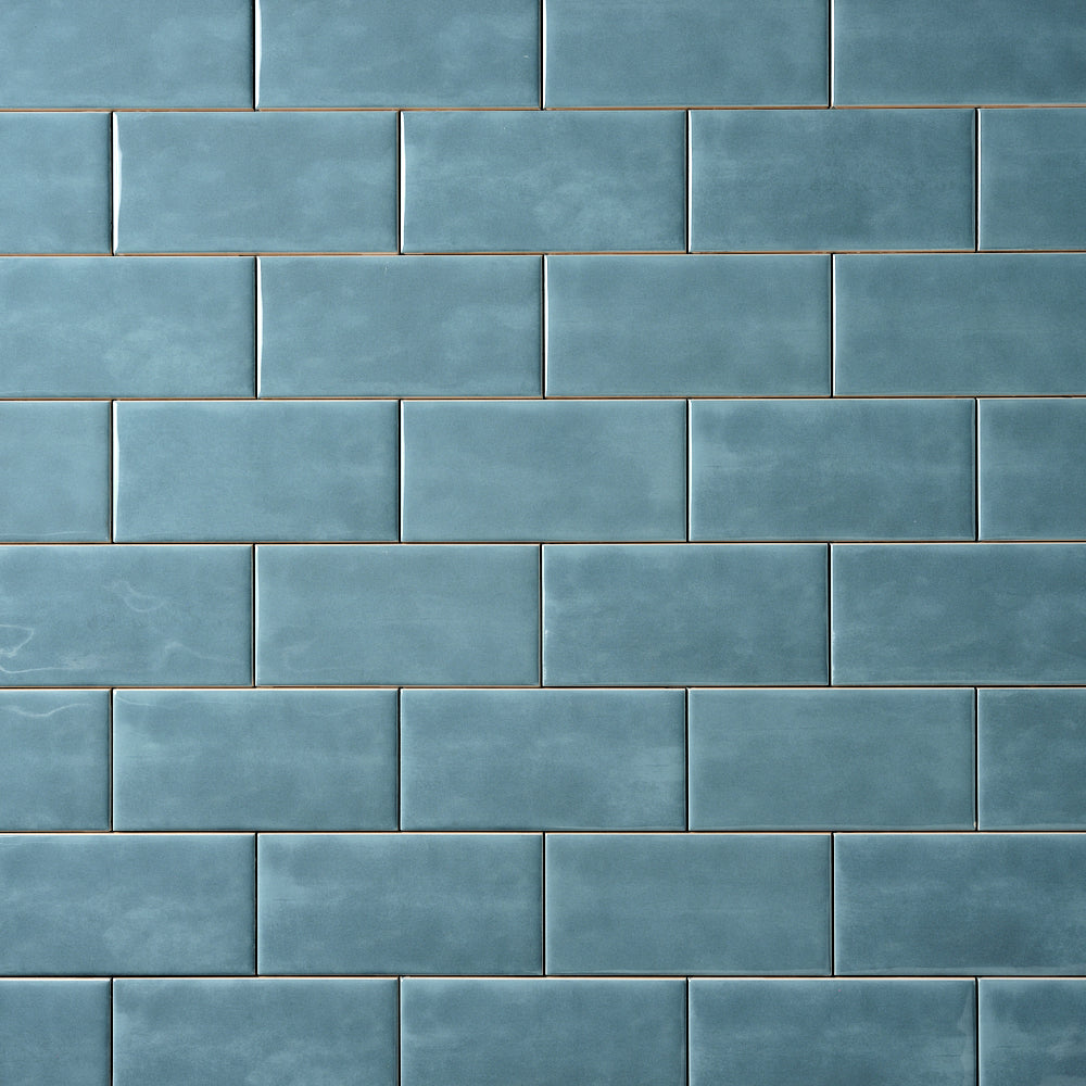 San Fran Volga Blue 3x6 Ceramic Tile Glossy — installed close-up