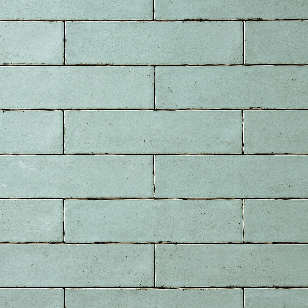 San Fran Aqua Crackled 3x12 Ceramic Tile Glossy — installed close-up