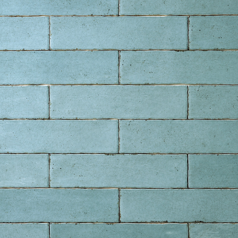 San Fran Volga Blue Crackled 3x12 Ceramic Tile Glossy — installed close-up
