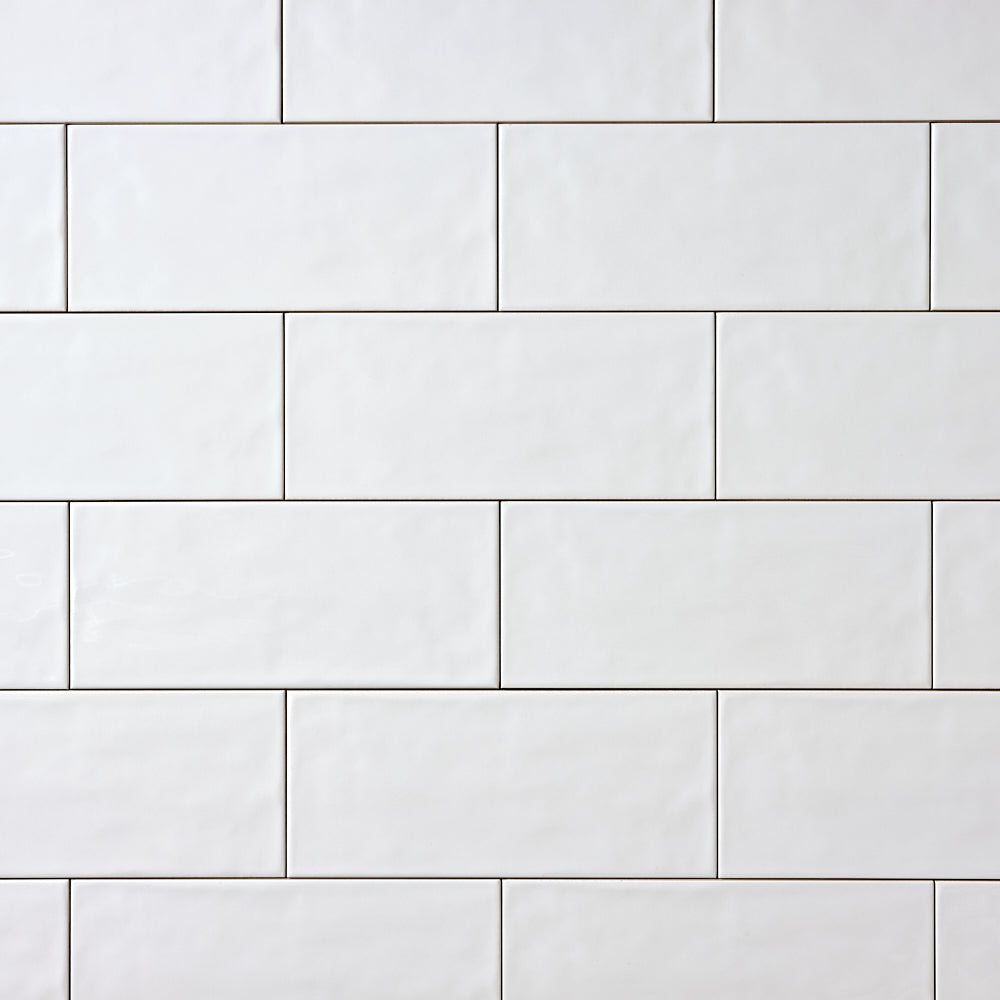 San Fran White 4x10 Ceramic Tile Glossy — installed close-up