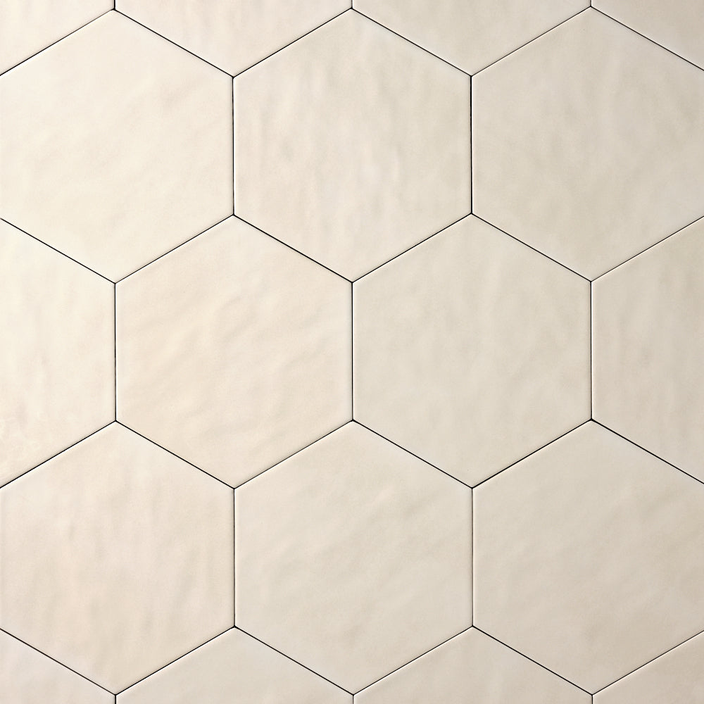 San Fran Biscuit 7x8 Hexagon Ceramic Tile Glossy — installed close-up