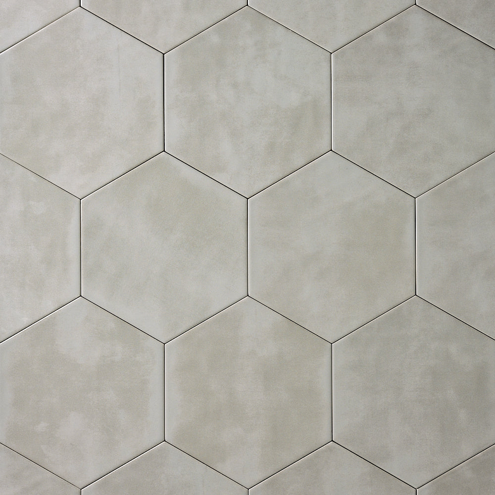 San Fran Gray 7x8 Hexagon Ceramic Tile Glossy — installed close-up