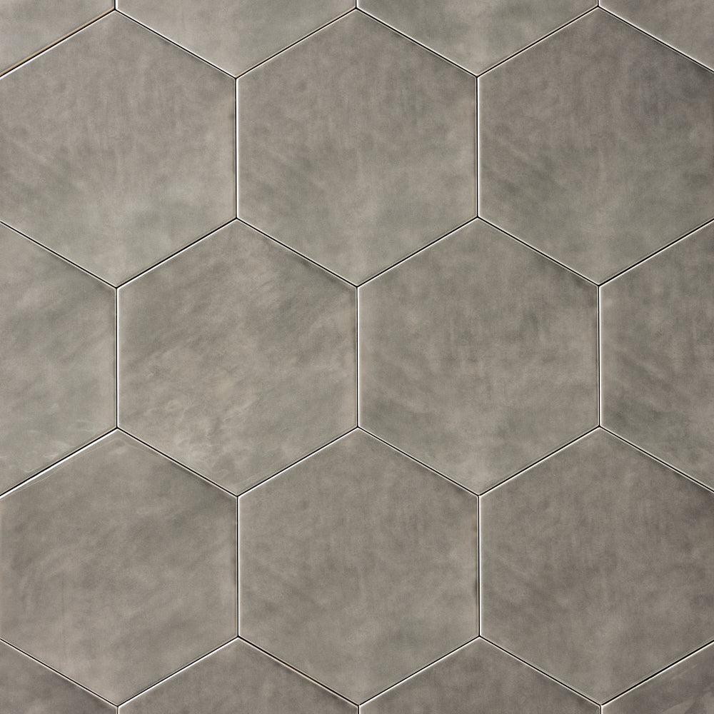 San Fran Taupe 7x8 Hexagon Ceramic Tile Glossy — installed close-up