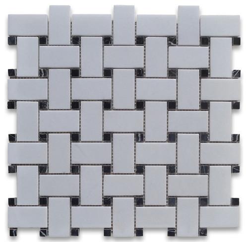Thassos White & Black Marble Basketweave Mosaic Stone Tilezz 